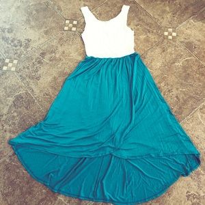 High-Low Crossover Dress in White Lace and Teal